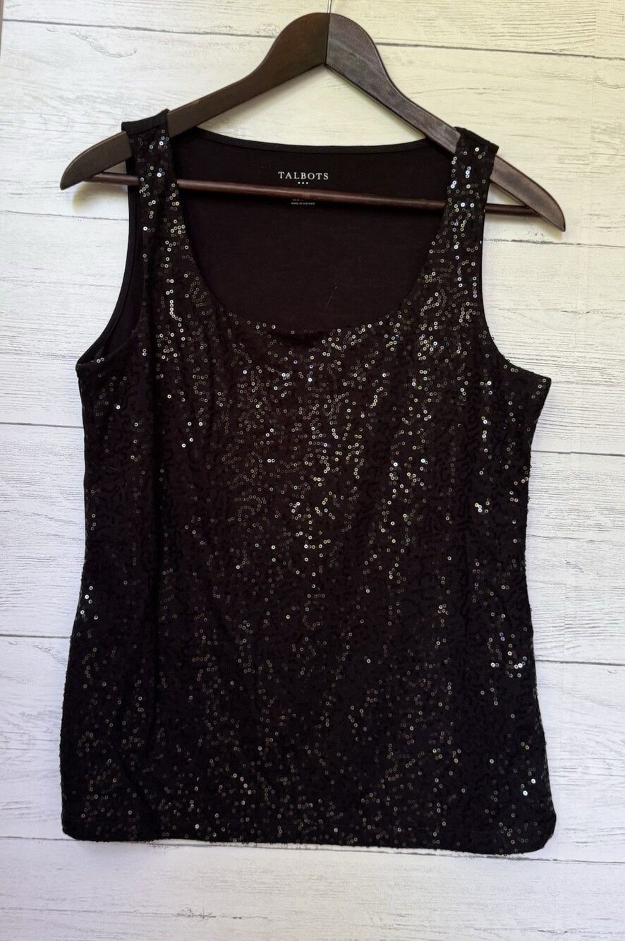 TALBOTS Sequin Tank Top Shell Sleeveless Black Shiny Lined Women's Small